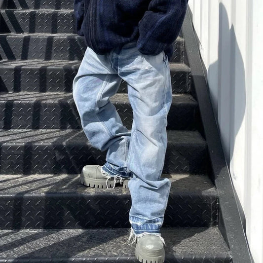 kanye west heavy industry high street jeans straight tube washed knives cut ground edges sagging jeans pants holes for men ripped baggy denim