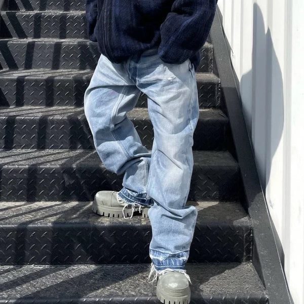 kanye west heavy industry high street jeans straight tube washed knives cut ground edges sagging jeans pants holes for men ripped baggy denim