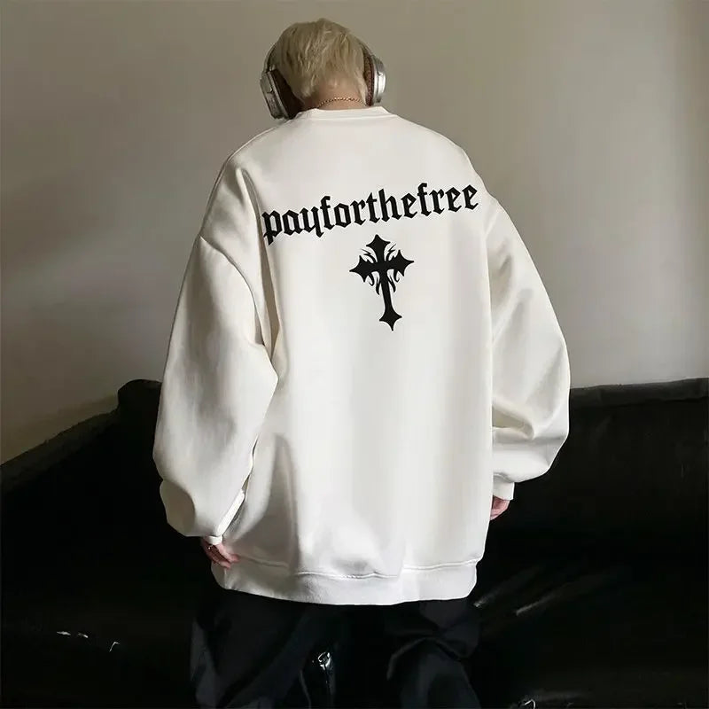 High-end Korean Round-neck Printed Sweatshirt for Men Autumn Trend Y2K High Street American Style Retro Heavyweight Jacket Top