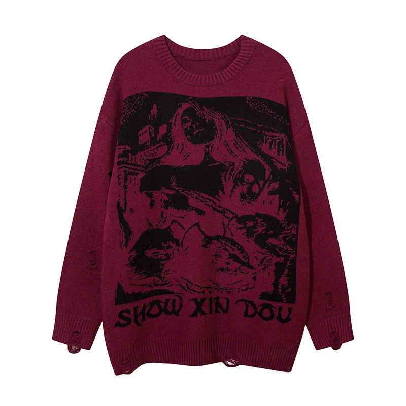 fashion hip hop knitted sweater men autumn winter o neck anime pattern pullover streetwear casual loose sweaters jumper knitwear aesthetic street look hoodie, urban wear with bold artwork, trendy hip hop style outerwear