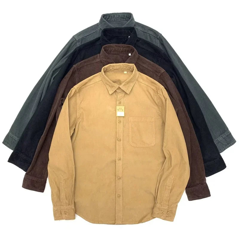 Oversized Patterned Button-Up – Autumn American Casual Corduroy Long Sleeve Shirt For Men Retro Loose Lapel Cargo Shirts 2025 New Korean Fashion Y2K Camisas | Street Shirt Drop #55