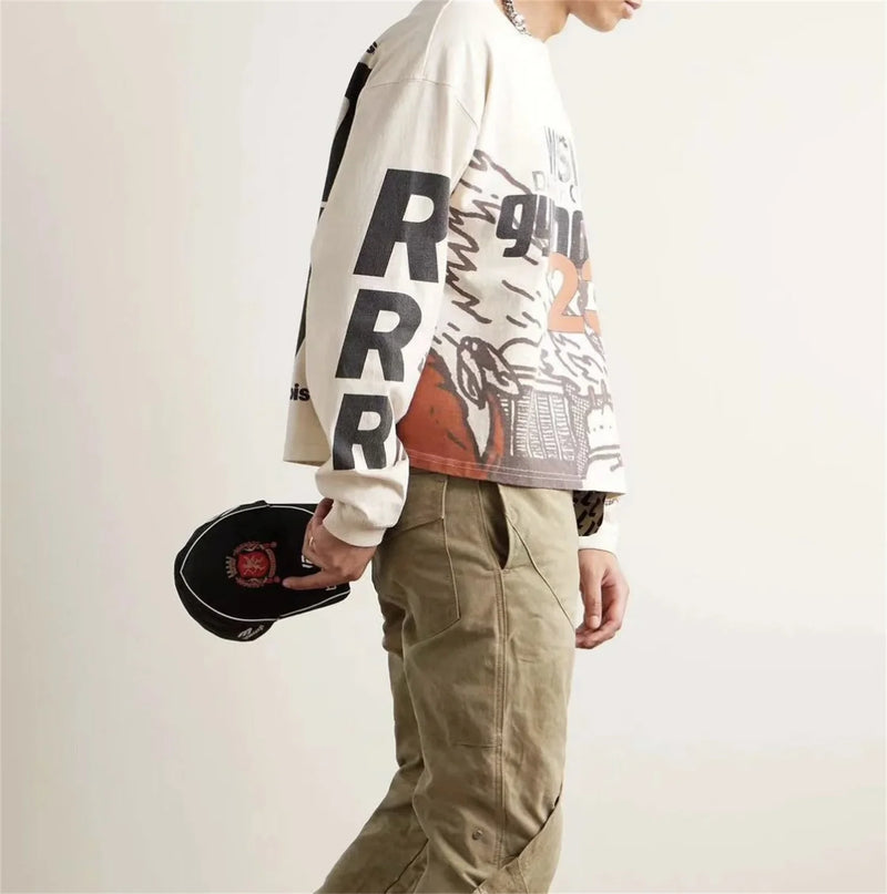 2024 Summer And Spring 123 Letter Print GYMGNO Graffiti Slogan Worn Retro Long Sleeve T Shirt Pullover Sweatshirt