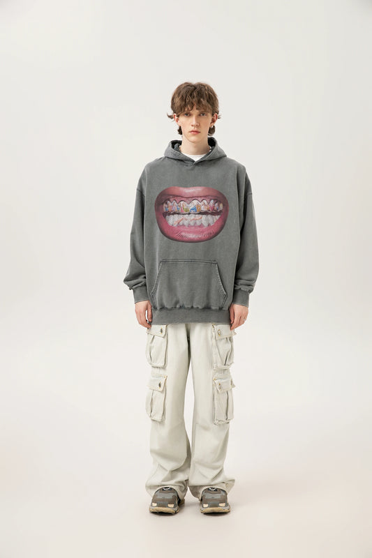 24ss Vintage SM Brand Fashion Washed Distressed stir fried salt high gram heavy vintage looped hoodie hooded sweatshirt