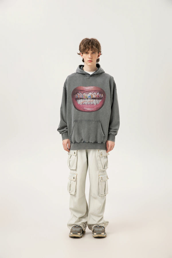 24ss Vintage SM Brand Fashion Washed Distressed stir fried salt high gram heavy vintage looped hoodie hooded sweatshirt