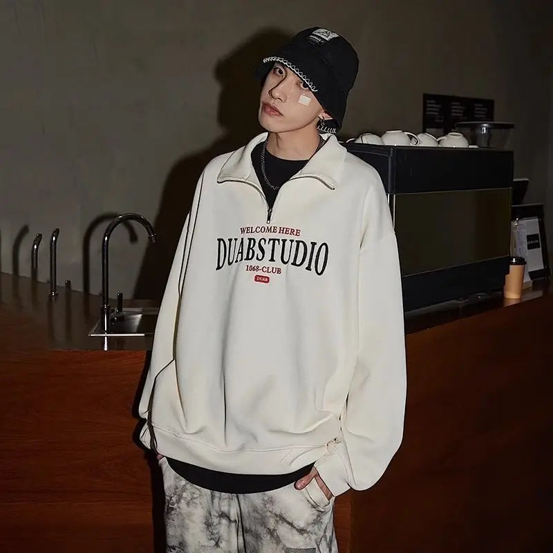 Korean Fashion Ins Men's and Women's Half-zip Polo Collar Sweatshirt Spring Autumn Niche Casual Street Retro Outer Pullover Top