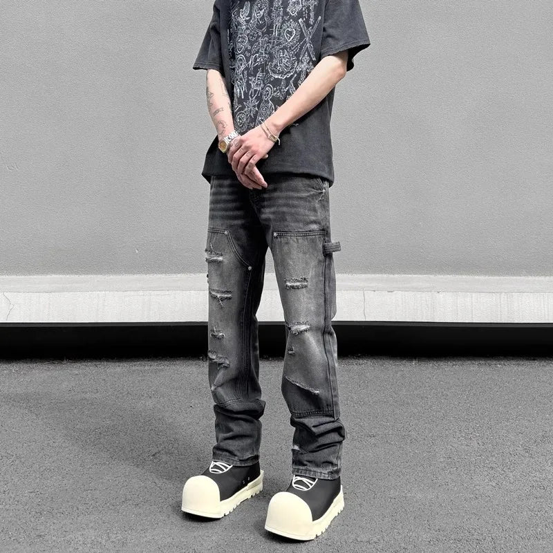 high street distressed black hole washed destroyed jeans casual ripped logging pants straight wide leg denim pants for men unique jeans style 83