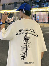 Y2k Angelcore design – Gothic Letter Rose Printed T Shirt Men Hip Hop Fashion Overs