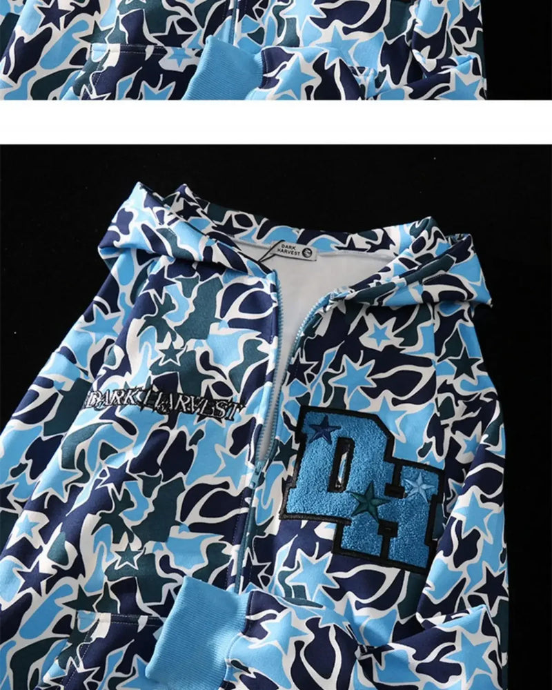 Harajuku Oversized Camouflage Demon Embroidery Hoodies Sweatshirt Goth