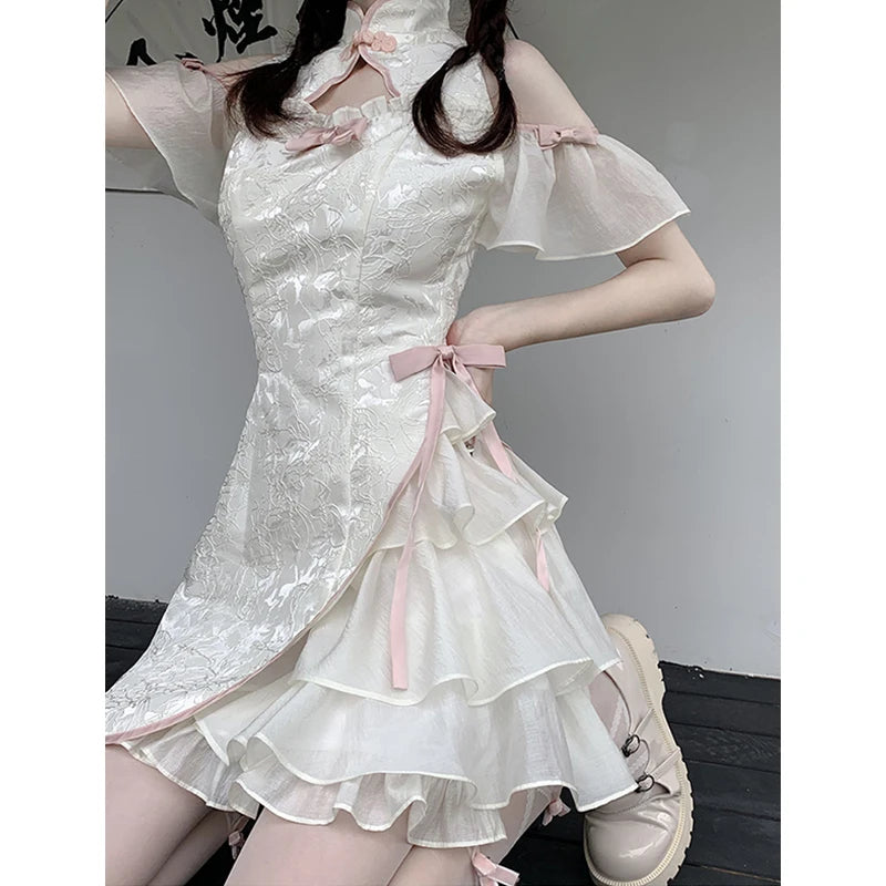 Vintage Chinese Style Cheongsam High Split Mini Dress 2024 Tie Dye Gothic Women Aesthetic Bandage Dresses Y2k Sexy Bodycon Robe