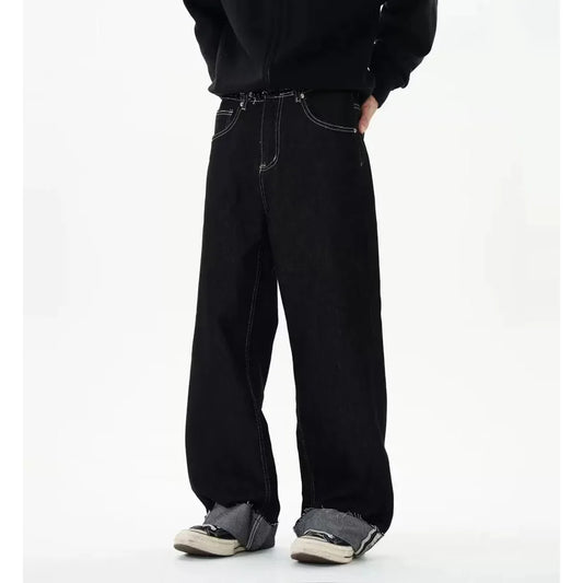 men women streetwear fashion loose casual wide leg straight black denim jeans pant boyfriend y2k baggy jeans trousers vintage washed jeans