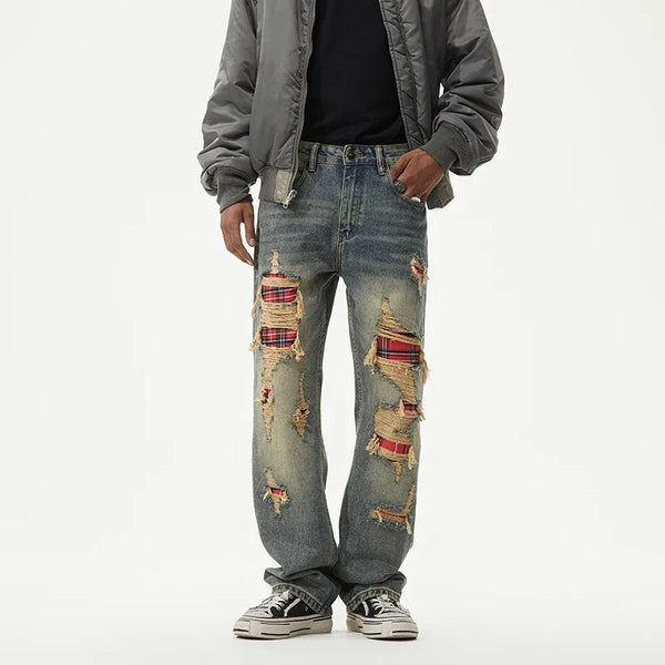men broken hole patch loose casual plus size straight ripped denim pants jeans man streetwear fashion baggy jeans trousers ripped baggy denim