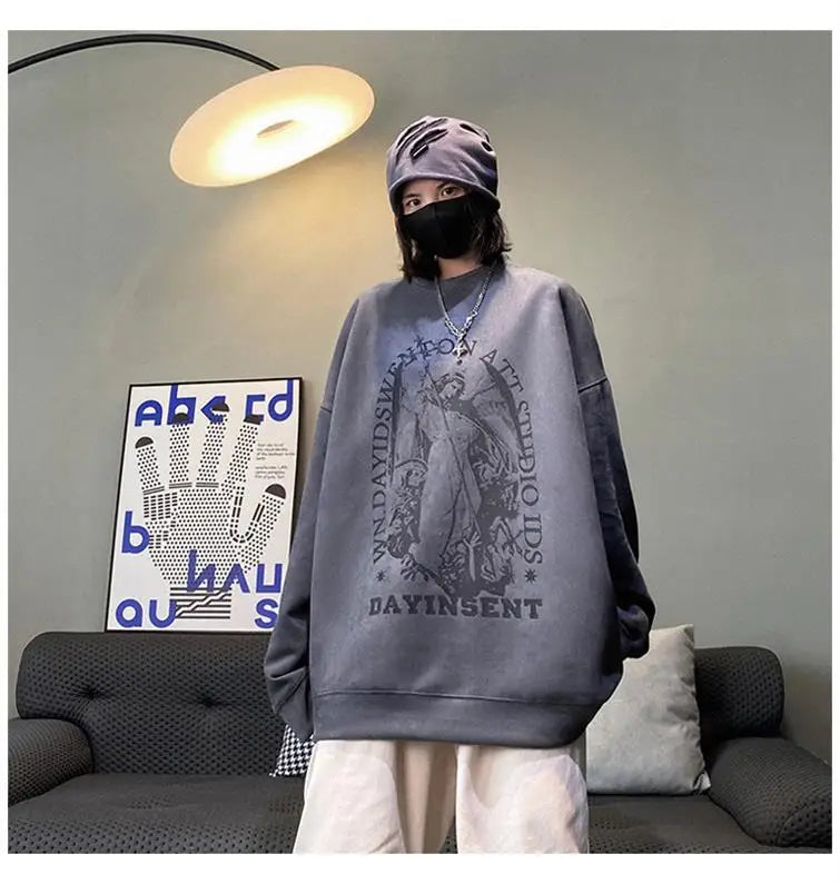 Autumn Korean Personality Street Boys Unisex Round Neck Sweatshirt Trendy American Couple Suede Long-sleeved Shirt Top