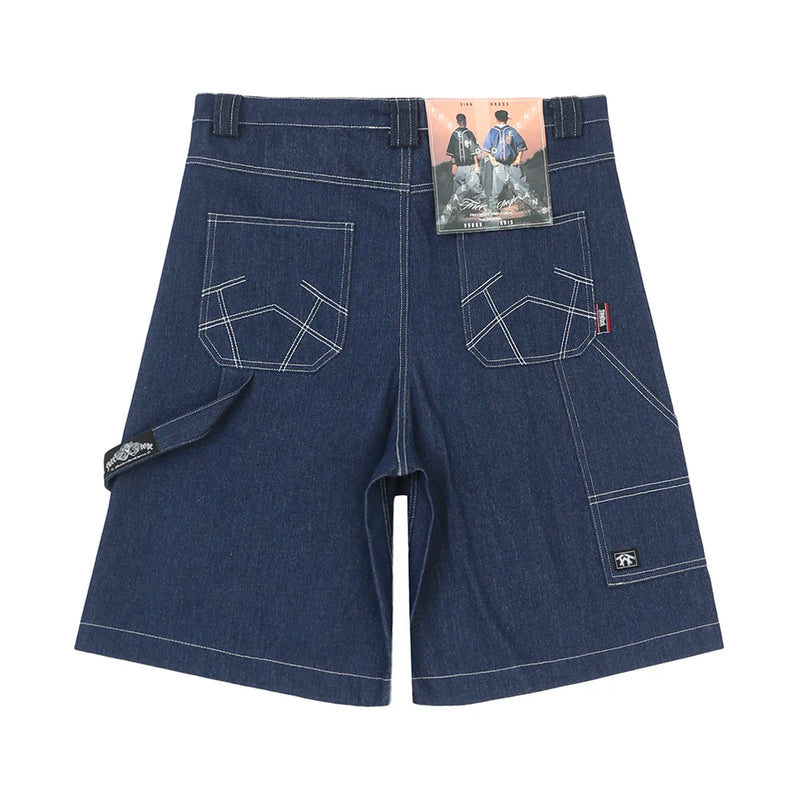 y2k streetwear multi pockets embroidery washed summer jeans shorts for men wide leg baggy casual denim over knee length pants denim street jeans