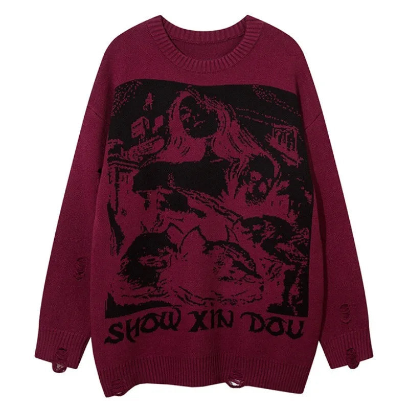 fashion hip hop knitted sweater men autumn winter o neck anime pattern pullover streetwear casual loose sweaters jumper knitwear aesthetic street look hoodie, Y2K vintage urban hoodie, high quality cotton pullover