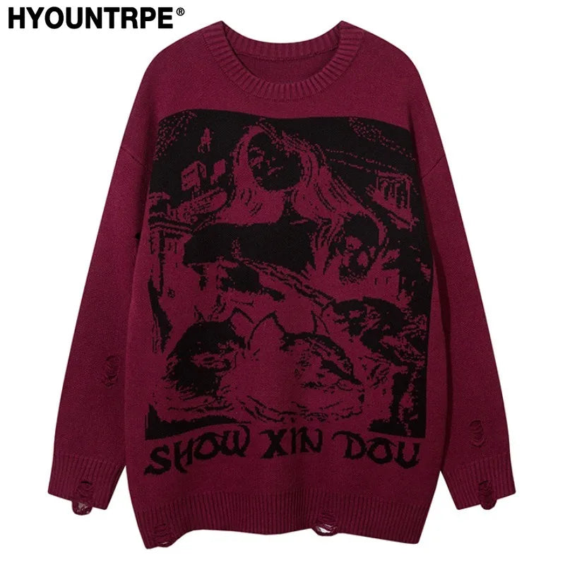 fashion hip hop knitted sweater men autumn winter o neck anime pattern pullover streetwear casual loose sweaters jumper knitwear aesthetic street look hoodie, Y2K vintage urban hoodie, high quality cotton pullover