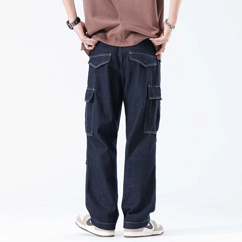 men autumn summer streetwear fashion plus size loose casual straight cargo jeans pant campus boy jeans trousers military streetwear pants