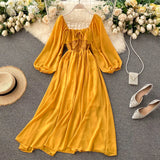 Chic Elegant Square Collar Maxi Dress Women Solid Chiffon Puff Sleeve Dresses 2023 Korean Fashion Vintage Ruffle Vestidos