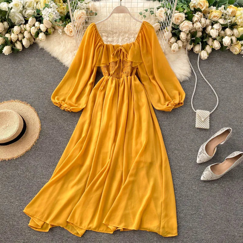 Chic Elegant Square Collar Maxi Dress Women Solid Chiffon Puff Sleeve Dresses 2023 Korean Fashion Vintage Ruffle Vestidos