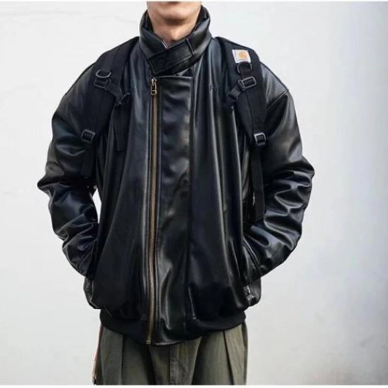 japanese street motorcycle set men thickened stand collar hip hop leather jacket harajuku casual pants 2 pcs bomber suit 2023 menswear bottoms