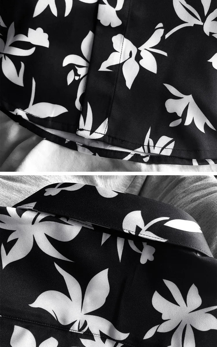 New 2021 luxury Men Classic Hibiscus Flowers Fashion 50% Silk Casual Shirts Shirt high quality Pocket Short sleeves #A48