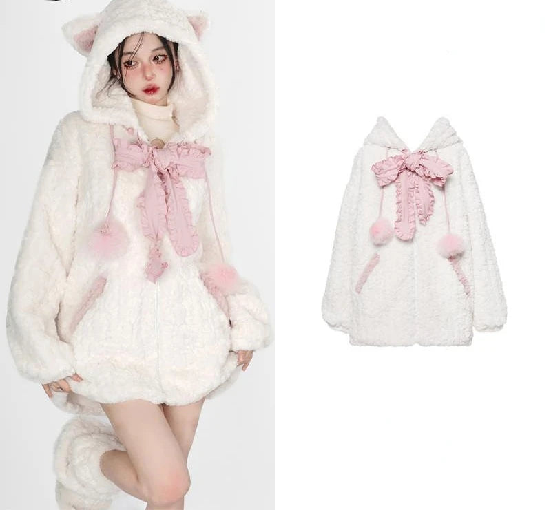 Harajuku Little Wildcat Hoodies Women Bodysuit Black Tie Bowknot Cute