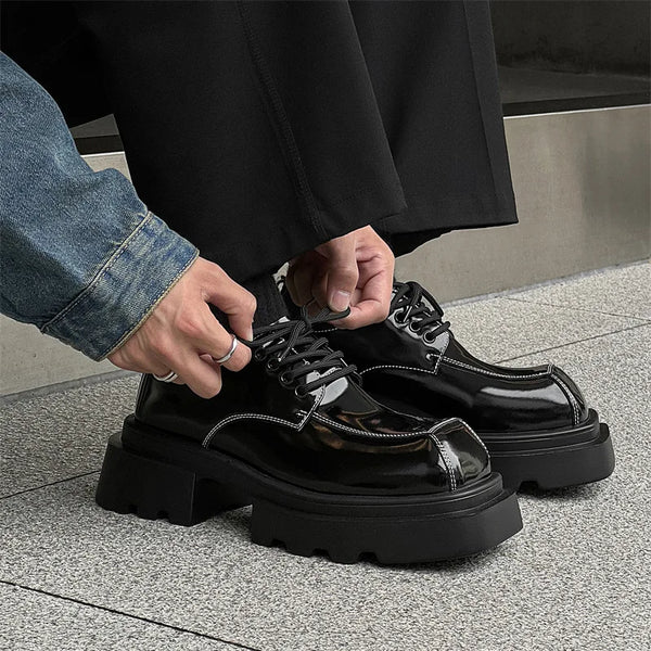 Men Streetwear Dark Black Fashion Thick Sole Platform PU Leather Casual Luxury High Street Increase Square Derby Shoes Man