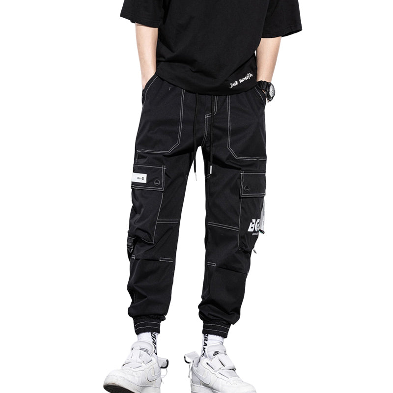 mens side pocket cargo pants casual elastic waist trousers streetwear hip hop loose fit ankle drawstring sweatpants joggers unique joggers style 2044