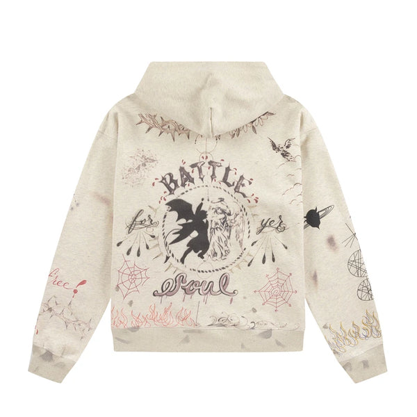 Vintage High Quality Hand Painted Graffiti Printed Washed Fleece Hoodi