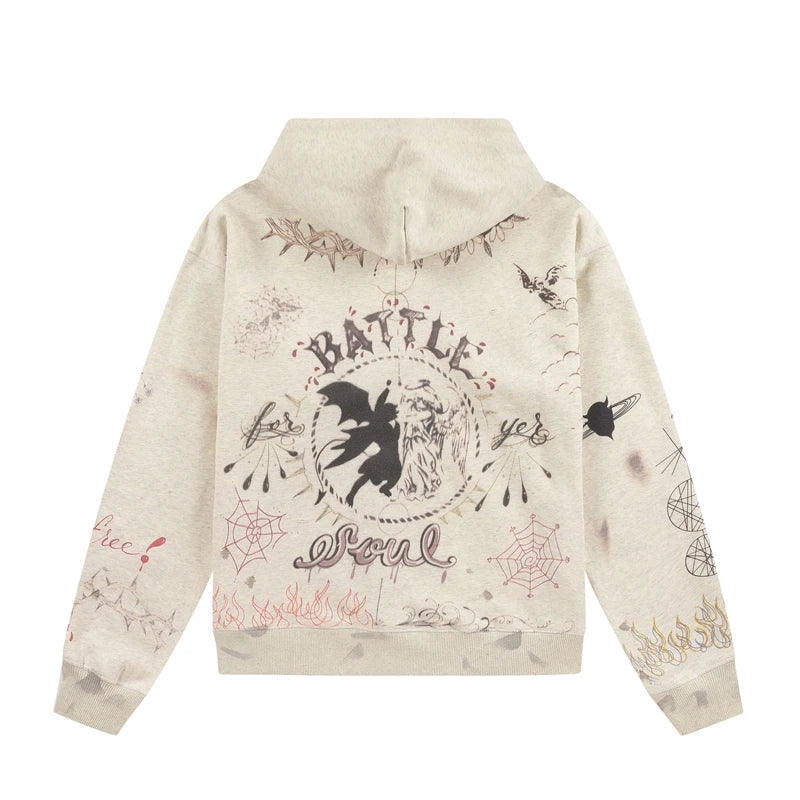 Vintage High Quality Hand Painted Graffiti Printed Washed Fleece Hoodi