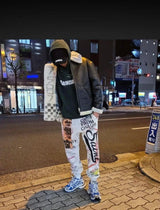 24ss vintage retro graffiti washed worn cotton high street long pants leggings unique default style 6189