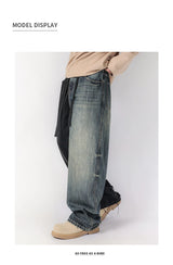 men streetwear fashion black blue splice hip hop loose casual wide leg straight baggy jeans pant cityboy jeans pants trousers unique jeans style 2640