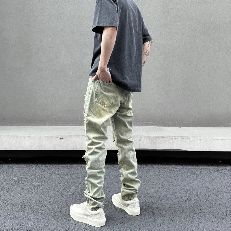 retro washed skinny jeans men pant destroyed ripped holes slim biker zipper jeans trousers fashion streetwear hip hop joggers streetwear sweatpants