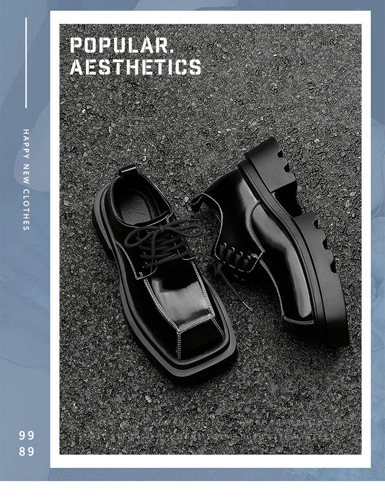 Men Streetwear Dark Black Fashion Thick Sole Platform PU Leather Casual Luxury High Street Increase Square Derby Shoes Man