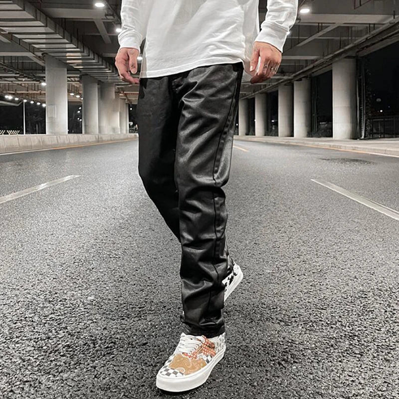 harajuku black jeans mens vibe waxed casual trousers straight pockets oversized pencil pants loose hip hop mens pants unique jeans style 4454
