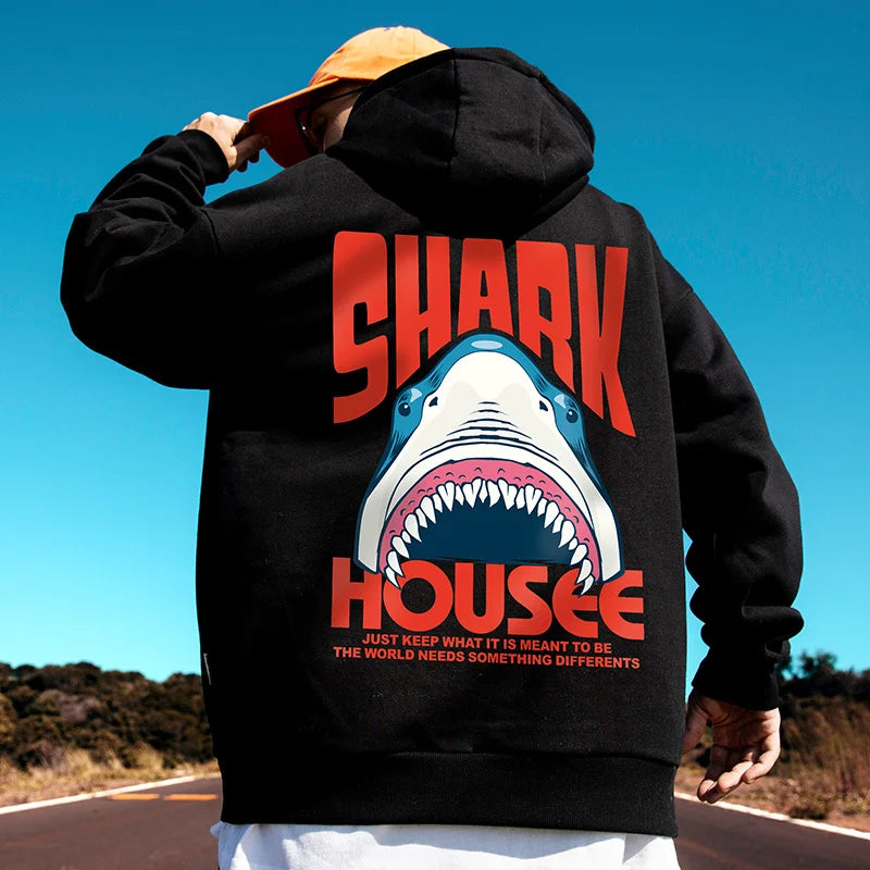 New In Anime Shark Graphic Printed Hooded Sweatshirts Men Hip Hop Fash
