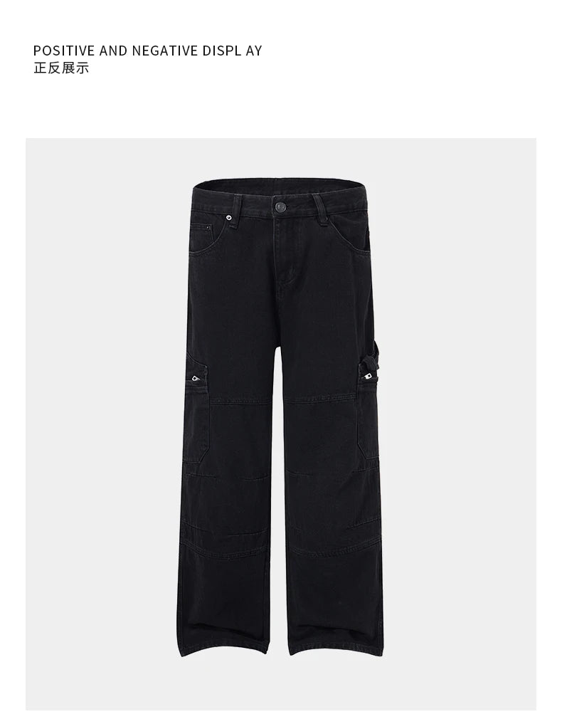 men american streetwear fashion loose casual hip hop wide leg black denim baggy jeans pants man y2k cargo jeans trousers unique cargo style 2324