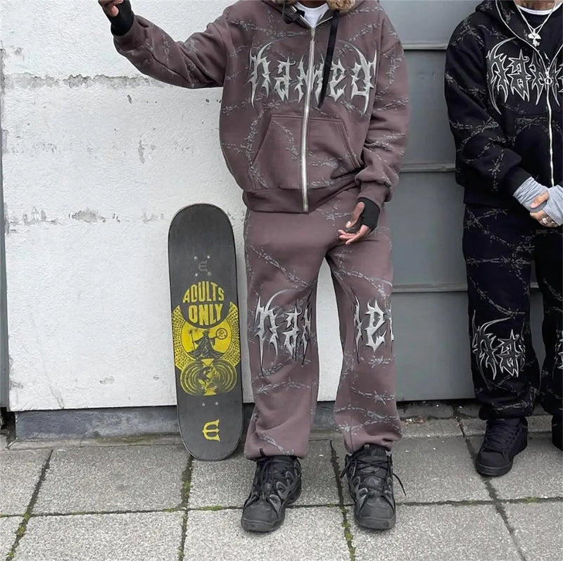 2024 European and American style loose men's zipper sweatshirt trend ins retro printed long-sleeved hooded jacket top
