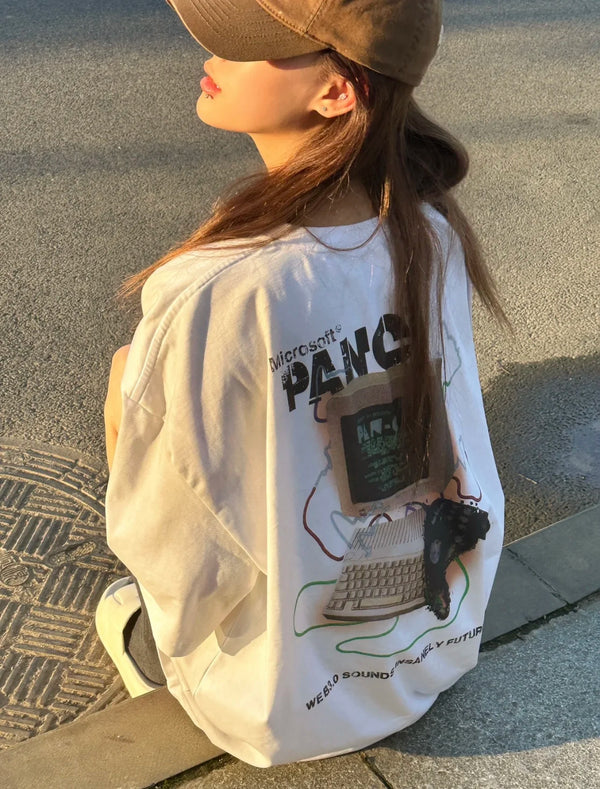 Panq Computer Gaming Graphic Tee Vintage T- shirts Summer Printed Oversized Short Sleeve tops High Quality High Street