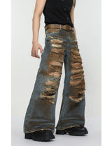 2 pieces sets mens dirty graffiti wide shouder denim jeans jacket coat and ripped holes wide legs pants joggers streetwear sets unique joggers style 4560