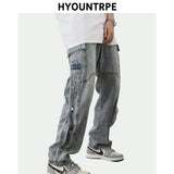 men fashion denim jeans casual bottom button open straight jeans with pockets hip hop streetwear zipper cargo joggers jean pants streetwear sweatpants