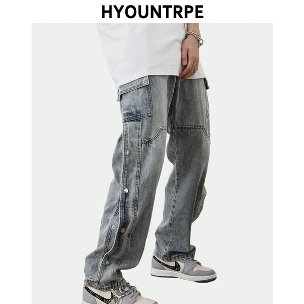 men fashion denim jeans casual bottom button open straight jeans with pockets hip hop streetwear zipper cargo joggers jean pants streetwear sweatpants