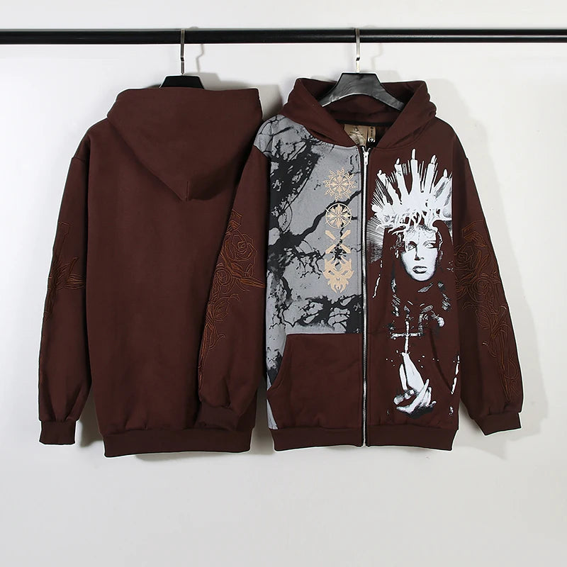 anime barcode glitch featuring 2023 high street mysterious queen rose embroidery zip hoodie loose relaxed hoody mens and womens speckle ink hoodies hip hop