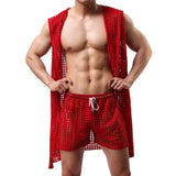 Men Robes Brand Male Sexy Bathrobe Sleepwear Sleeveless Bath Robe Sleep Lounge Badjas Cutout Cardigan Loungewear Mesh Menswear