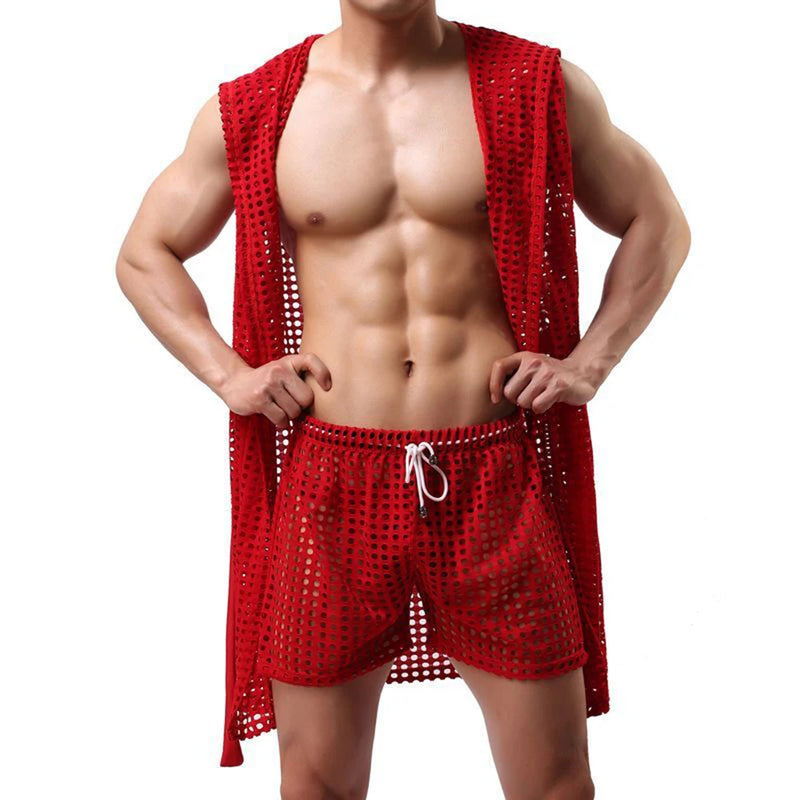Men Robes Brand Male Sexy Bathrobe Sleepwear Sleeveless Bath Robe Sleep Lounge Badjas Cutout Cardigan Loungewear Mesh Menswear