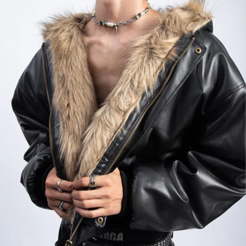 Integrated Fur Leather Men Cotton Jackets Thickened American High Street Motorcycle PU Leather Parkas Winter Couple Punk Outwear