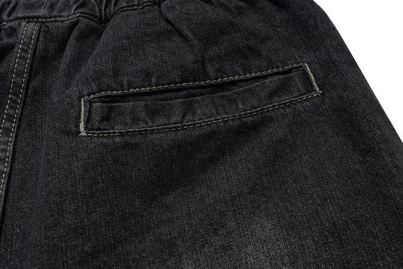 Men's and Women's High Street Vintage Splicing Cat Whisker Cargo Denim Shorts Zip Up Raw Edges Pockets Mens Jeans Shorts Ribbon