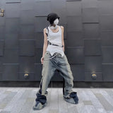 Ro Style Gradient Blue Horn Stacked Floor Dragging Jeans Unisex Streetwear Baggy Y2K Ribbons Zipper Denim Trousers Oversized