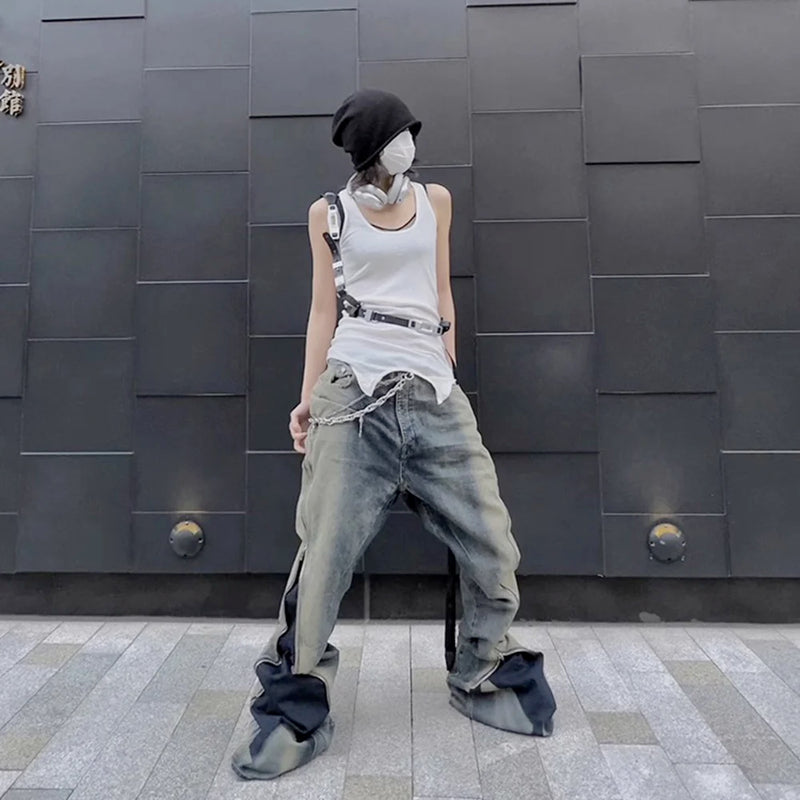 Ro Style Gradient Blue Horn Stacked Floor Dragging Jeans Unisex Streetwear Baggy Y2K Ribbons Zipper Denim Trousers Oversized