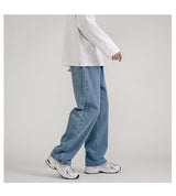 korean fashion mens baggy jeans classic all match solid color straight leg denim wide leg pants male light blue grey black unique jeans style 1140