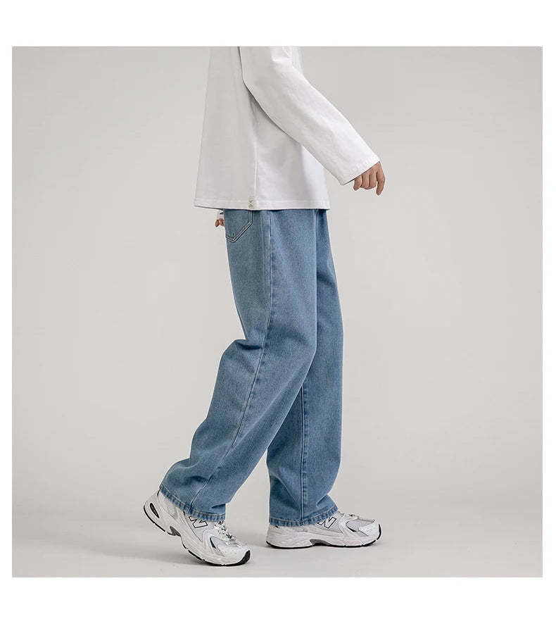 korean fashion mens baggy jeans classic all match solid color straight leg denim wide leg pants male light blue grey black unique jeans style 1140